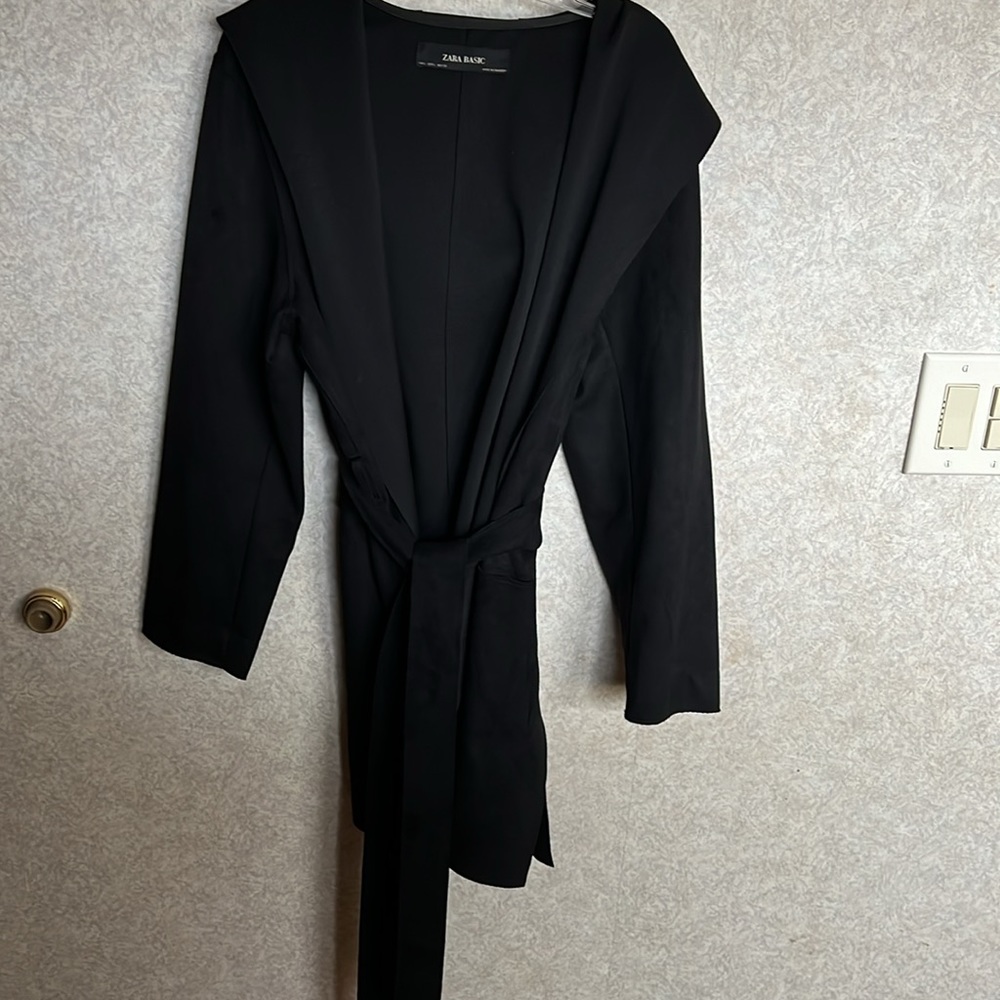 Zara basic black faux suede belted  jacket blazer with hood size large